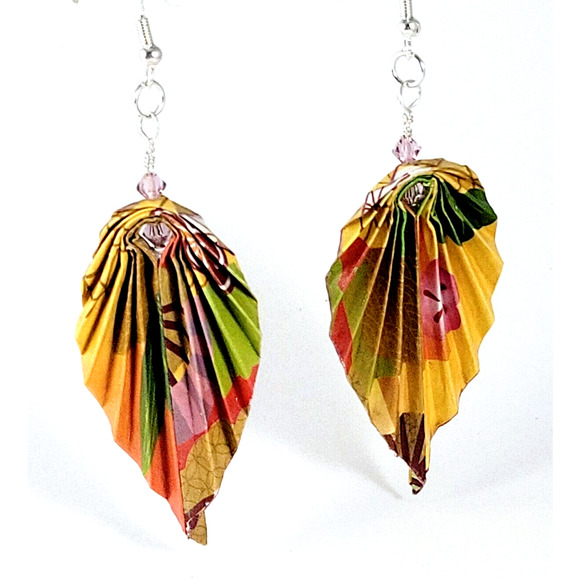 Hand Folded Origami Leaf Earrings Yellow Multi-color with Bead Accents - Picture 4 of 6